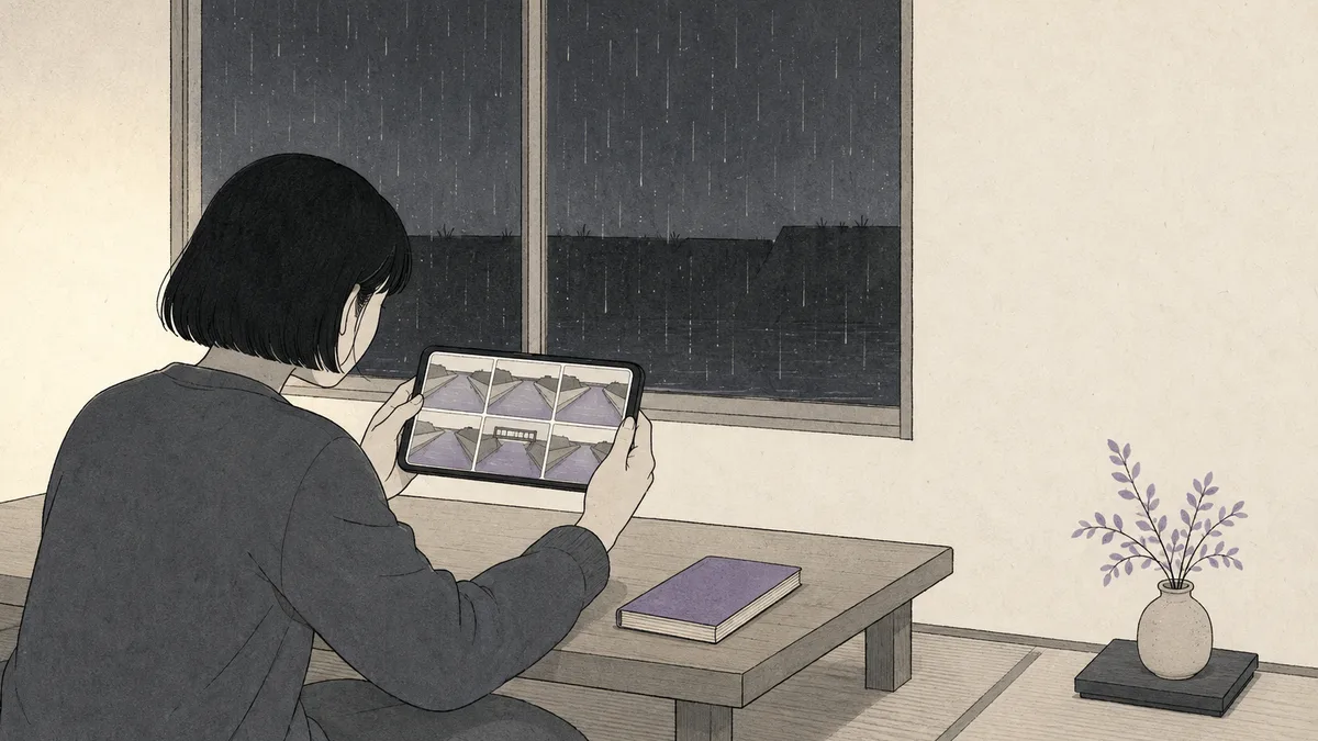 Drawing: on a rainy night, someone sits by a low desk holding a tablet with both hands, looking at six small frames on the screen. Each frame shows a simple picture of a river between two levees, and one frame also shows a small bridge. Outside the window it is raining, and the dark shape of a levee lies in the distance.